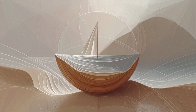 Sailboat model in a minimalistic design on a smooth surface with light textures and pastel colors