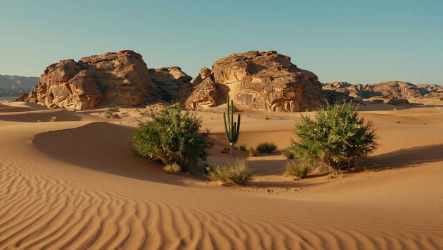 Sunlit desert landscape featuring rippled sand dunes, towering rock formations, and sparse cacti under clear blue skies.