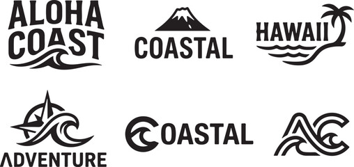 A set of six minimalist black and vector logos featuring coastal and ocean themes for travel and adventure brands © Crushin