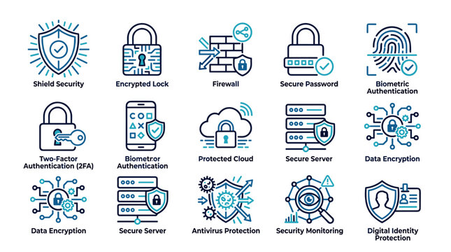 Cyber Security Protection Encryption Firewall Secure Server and Digital Identity Blue Cyan Outline Icon Set on White Background Vector