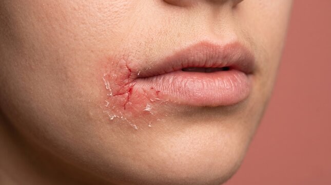 Close-up of angular cheilitis with a painful bleeding crack at the corner of the mouth