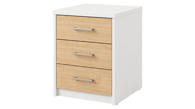 Small bedside table with three wooden drawers and white frame as isolated object