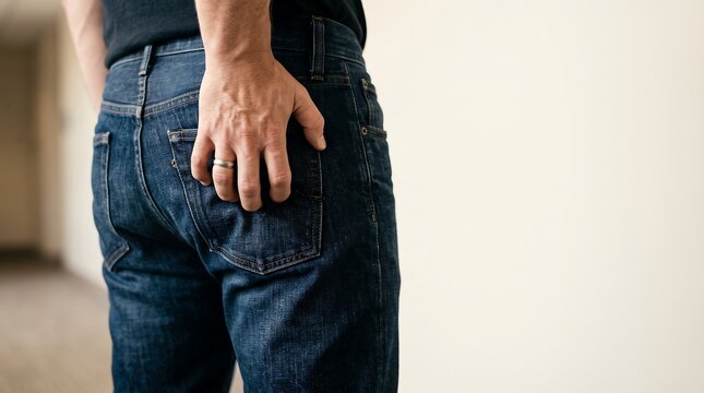 Man wearing blue denim jeans with hand on back pocket in indoor setting