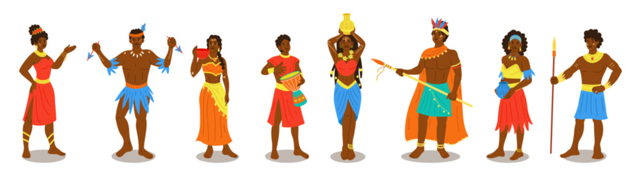 Tribal people. Traditional African character. Culture native. Warrior, ethnic ritual ceremonial accessories. Cartoon bodies of aborigines. Hunters spears. Vector tidy flat style isolated illustration