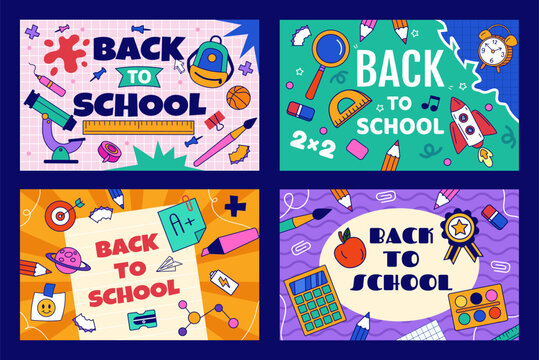 School background. Education element doodle. Pattern for child book, art paper. Cartoon stationery. Study graphic banner. Fun learning, seasonal promo. Banners design. Vector tidy posters isolated set