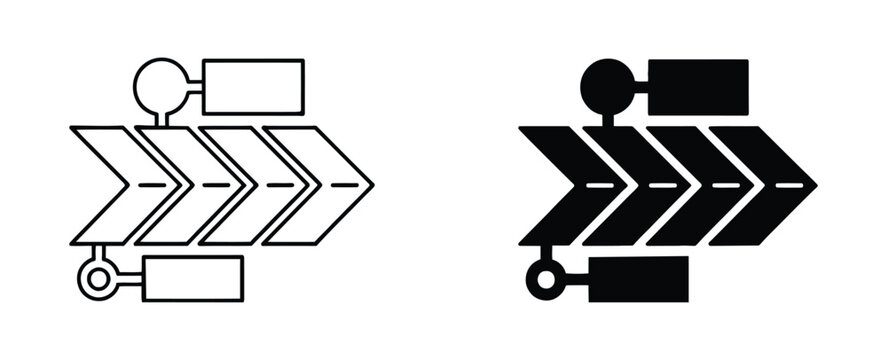 "Roadmap timeline process diagram icon set with chevrons and pin tags in outline and black filled style"