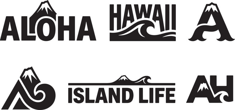 Set of black vector logos and emblems featuring tropical island themes with mountains, waves, and typography
