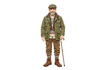 Fototapeta premium British gentleman in tweed jacket, flat cap, Fair Isle sweater holding wooden walking cane