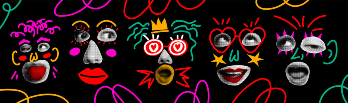 Creative face. Halftone collage. Retro point, eyes with lips. Dot effect. Funny sticker, graphic design. Grunge people stylized portraits. Smile comedy expressive character. Vector garish isolated set