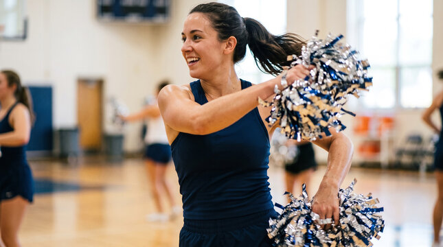 cheerleader holding pom poms during practice in a gym