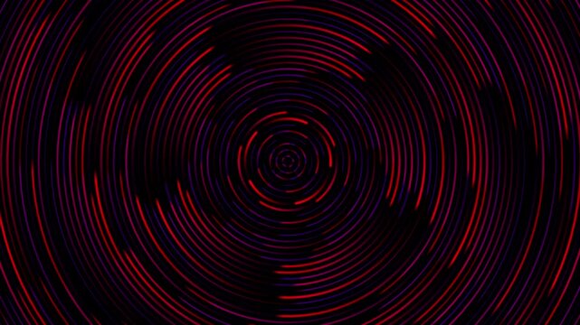 Abstract futuristic background with concentric red and orange glowing rings forming a dynamic circular pattern on a dark black surface