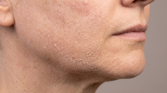 Detail of severe desquamation and dermatitis on aging female face