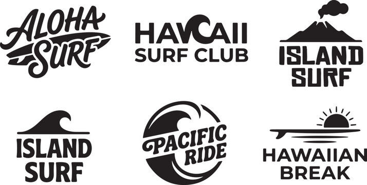 Set of six monochrome vintage surfing and beach logo designs with waves, boards, and palm elements