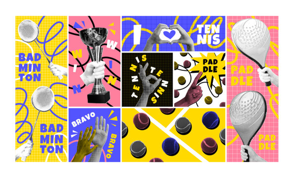 Halftone sports collage. Tennis, badminton template. Racket, ball game match, victory cup. Vintage dot texture for tournament. Doodles for scrapbook. Vector retro garish poster isolated illustration