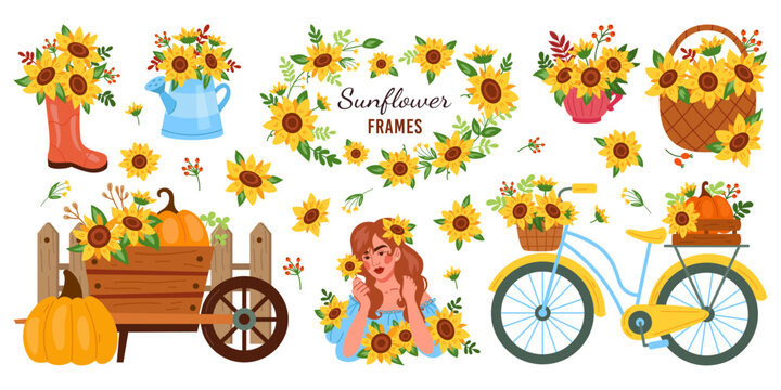 Sunflower basket. Autumn harvest, flower. Bicycle bouquet. Garden bunch. Floral woman. Wheelbarrow with fall leaf, fence decor. Vector nature tidy element cartoon flat style isolated illustration
