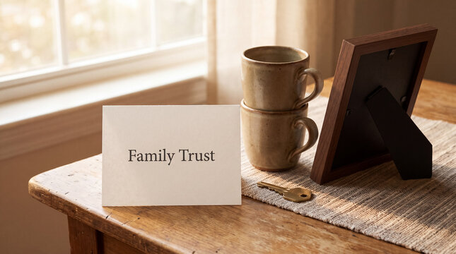 Family trust document with house keys, mugs, and picture frame on a wooden table, symbolizing inheritance and estate planning
