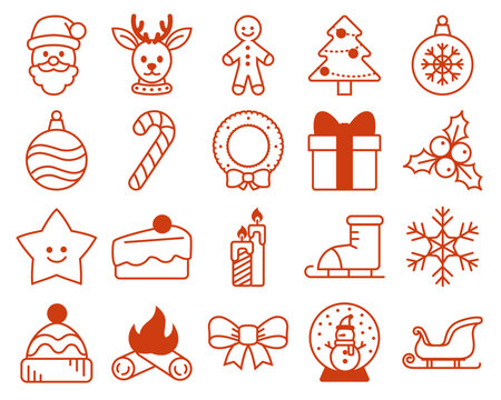 Xmas icon. Christmas element. Decor festive tree, santa, reindeer. Gingerbread ornament. Element holiday Santa, reindeer, tree ornaments. Celebration icon. Vector sign flat style isolated illustration