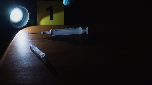 Syringe and evidence marker at dark crime scene with copy space on right, gloved hand placing marker under flashlight and flashing police lights, static low angle shot