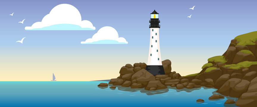 Lighthouse by rocky sea. Gull on marine landscape. Beacon of cliff coast. Hill with ocean shore. Scenic wave, sky clouds. Nature travel. Navigation equipment. Vector scenery cartoon illustration