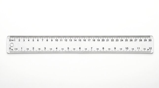 Clear plastic ruler showing both metric and imperial measurements isolated against a plain white background surface