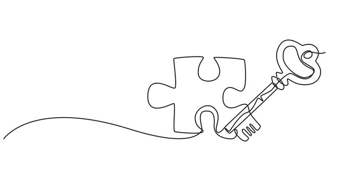 Continuous one line drawing of puzzle, key, solution, business concept, line art, vector, Animated self drawing of key into puzzle piece, Teamwork and partnership solving complicated tasks. animation.