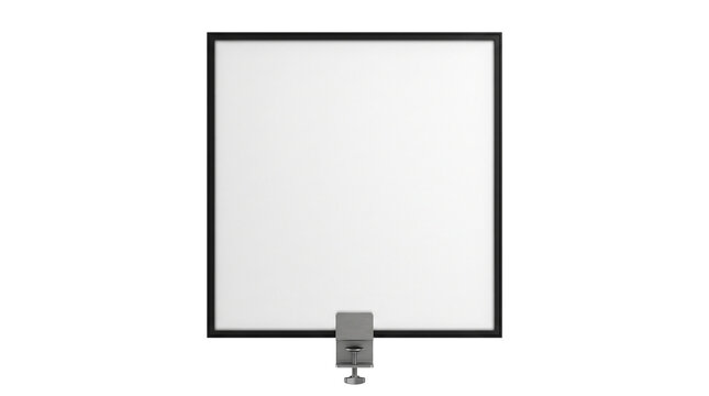 Square office privacy screen with black metal frame and desk as cut out PNG
