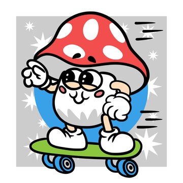 Comic mushroom skater. Playful smiling character, cute fungus riding skateboard, fun urban sport energy, motion and youth street style. Extreme sport. Vector cartoon flat style isolated illustration