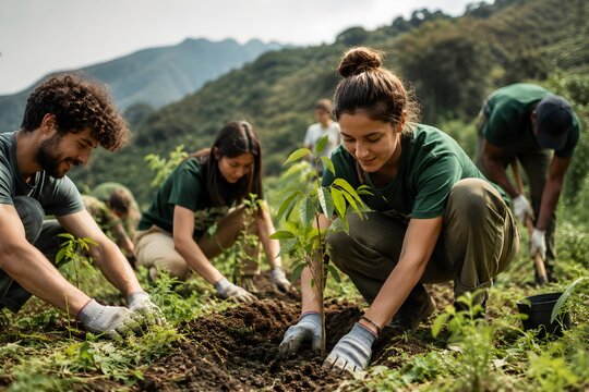Group of young diverse volunteers planting young tree saplings together outdoors in a hillside field, promoting reforestation, sustainability, and environmental protection.