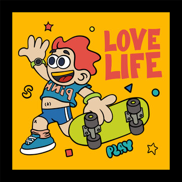 Comic skateboarder smile character. Bright pop art illustration, dynamic pose and board, youth street culture, fun activity, energetic graphic design style. Vector cartoon flat style isolated poster