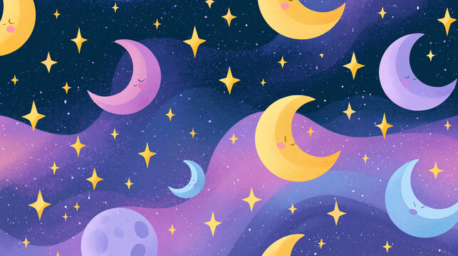 Whimsical celestial pattern with smiling moons and shining stars in vibrant colors.