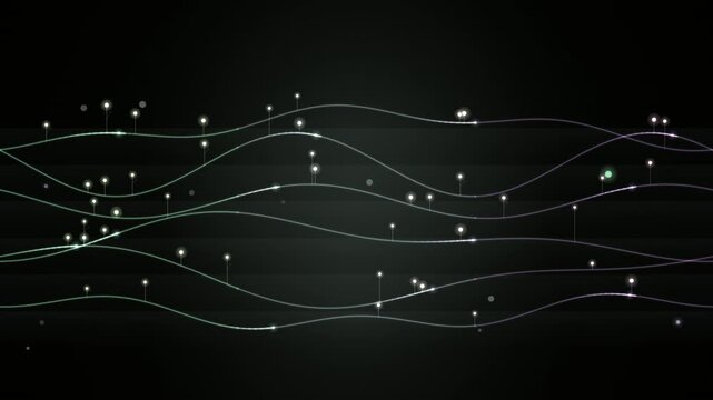 Glowing dots trace continuous looping paths along wavy lines against a dark background.