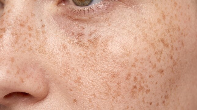 Macro view of human cheek covered with dense freckles, sun spots and fine lines