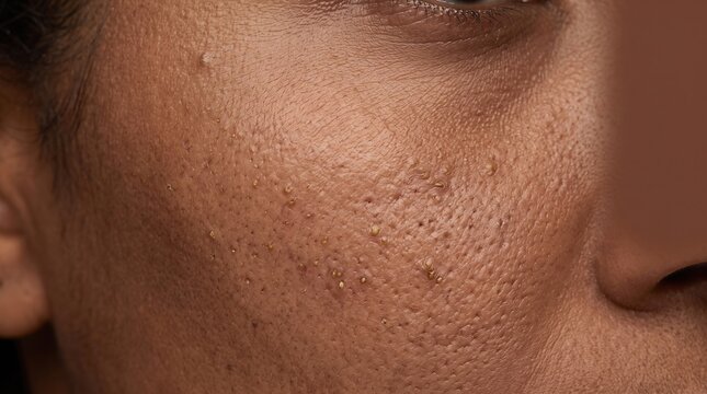 Macro shot of dark skin cheek with closed comedones, tiny papules and uneven skin texture