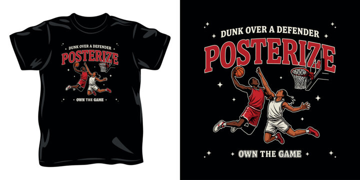 Retro basketball dunk action graphic design with posterize typography on black t-shirt.