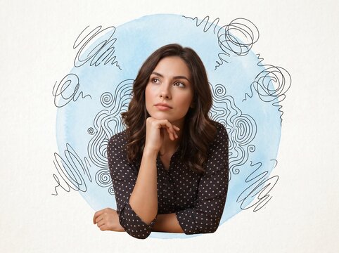 Pensive woman resting chin on hand thinking with abstract sketch