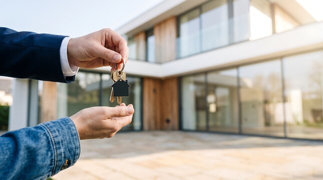 Professional holding house keys in front of modern residential property exterior