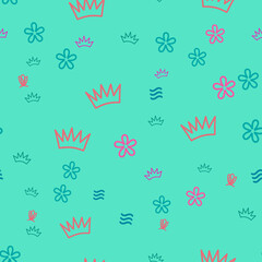 Seamless pattern with hand-drawn crowns and flowers