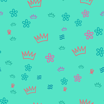 Seamless pattern with hand-drawn crowns and flowers