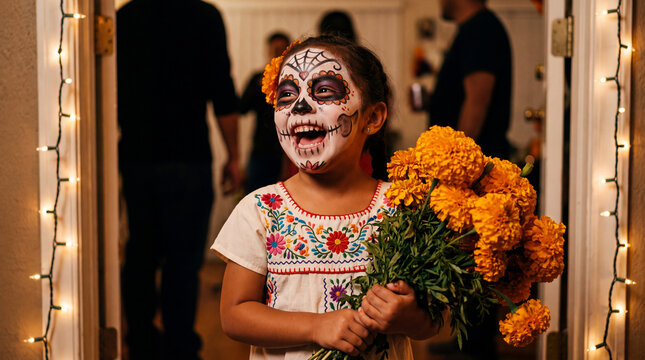 A laughing Pacific girl child with sugar skull makeup in an embroidered blouse costume celebrating Day of the Dead at an autumn fall October November festival for background.