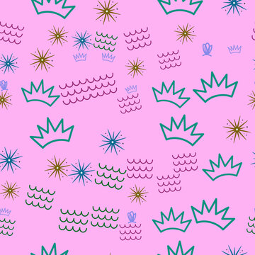 Seamless pattern with crowns, waves, and stars