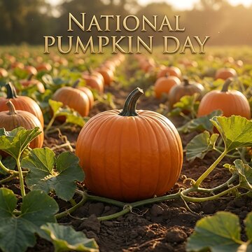 A vibrant pumpkin patch field on a sunny autumn day, featuring rows of ripe orange pumpkins ready for harvest, perfect for celebrating national pumpkin day