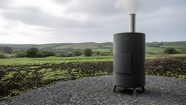 Unbranded Biochar Pyrolysis Kiln beside a Regenerative Farm
