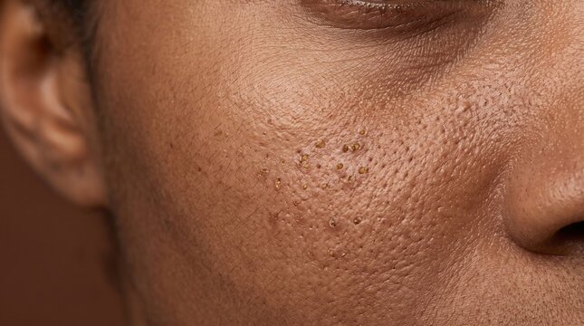 Extreme macro photography of enlarged pores and congested skin on African American cheek
