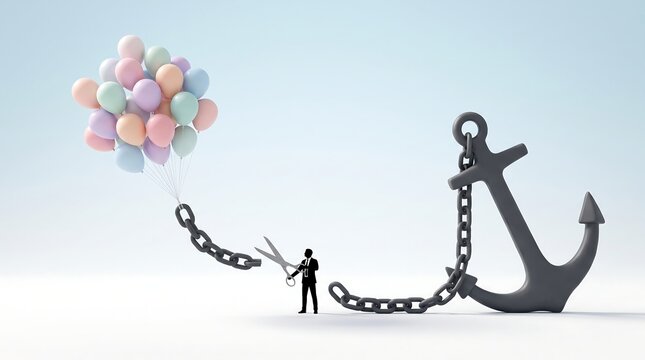 Abstract Freedom and Growth Concept with Figure Releasing Anchor and Floating Balloons
