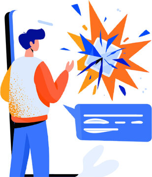 A vibrant, flat vector illustration depicts a user sending a broken item image in a support chat, with colorful elements highlighting the issues severity