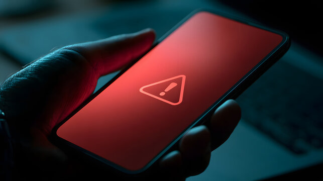 Phishing alert warning on mobile phone screen showing critical security threat, data breach risk, cyber attack, and unsafe smartphone use in dark indoor setting with glowing red warning symbol display