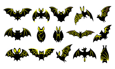 Obraz premium Collection of various stylized black and yellow bat icons for halloween graphic design