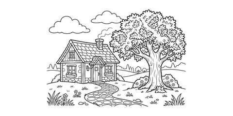 Fototapeta premium Cozy cottage with a large tree