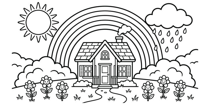 Coloring page of a house with a rainbow and sun