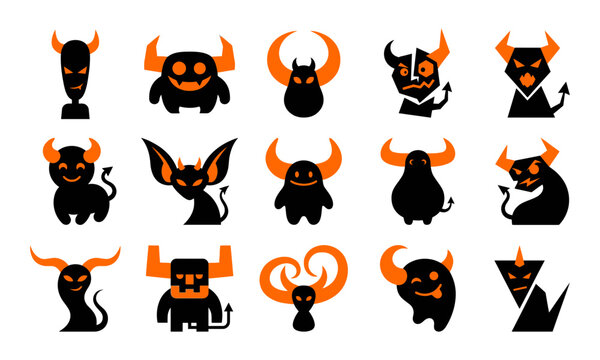 Collection of cute cartoon devil characters with horns for halloween party graphic design